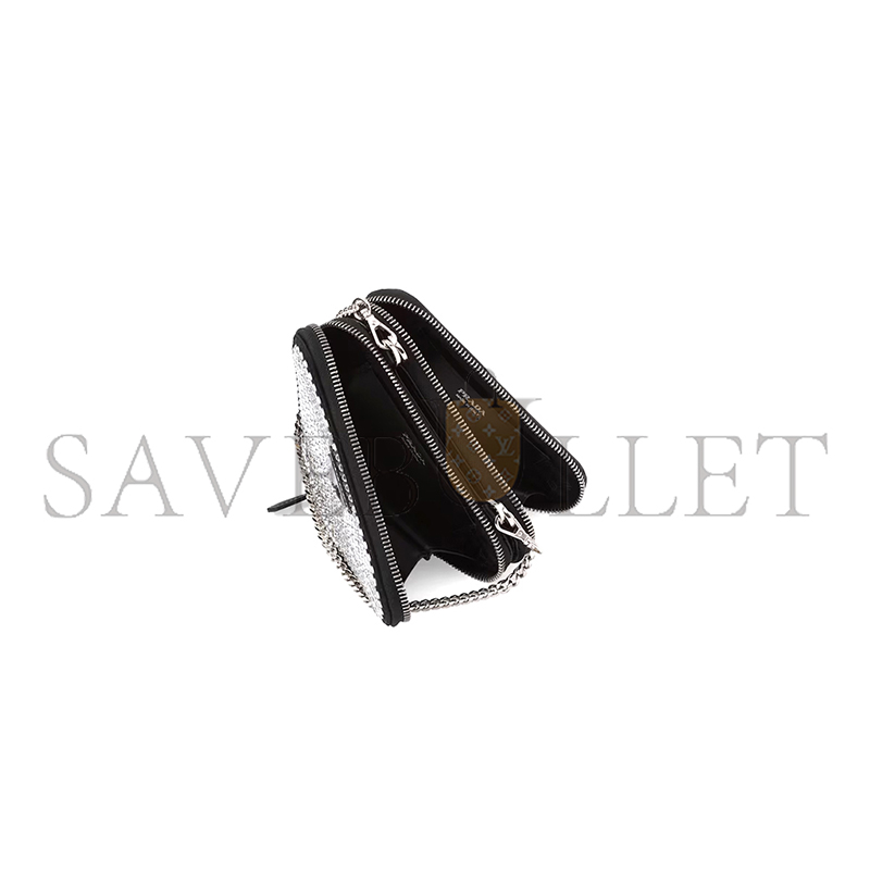 PRADA TRIANGULAR EMBELLISHED SATIN AND LEATHER MINI-POUCH 1NR015 (15*15*10cm) PRADA TRIANGULAR EMBELLISHED SATIN AND LEATHER MINI-POUCH 1NR015 (15*15*10cm)